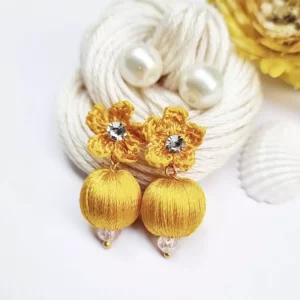 Handmade silk thread flower with bead earring 1