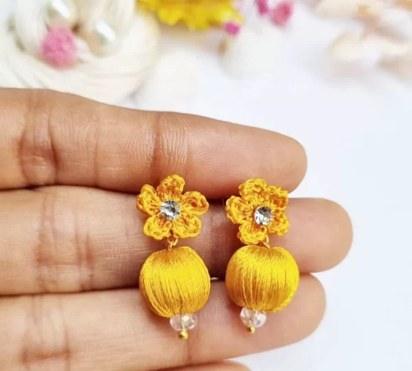 Handmade silk thread flower with bead earring 2