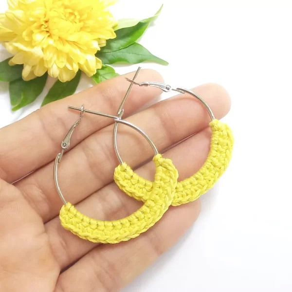 Handmade yellow crochet hoop earrings 1