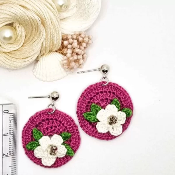 Purple white flower circle handmade crochet earring 1