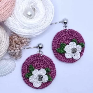 Purple white flower circle handmade crochet earring