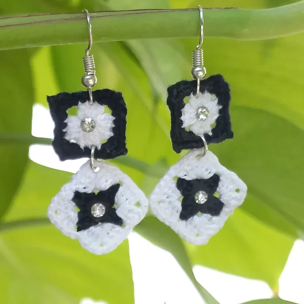 Square black and white handmade crochet earring 1