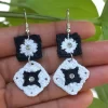 Square black and white handmade crochet earring 2