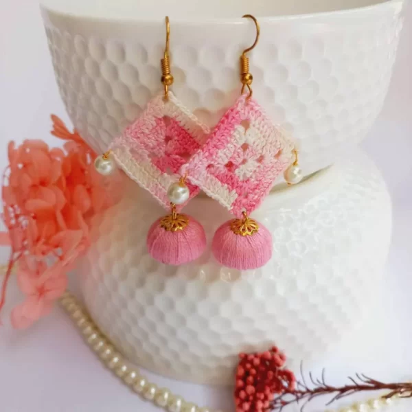 Square double shaded baby pink with jumka handmade crochet earring 1