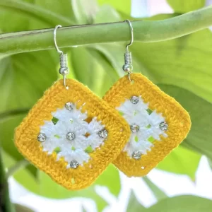 Square yellow white handmade crochet earring