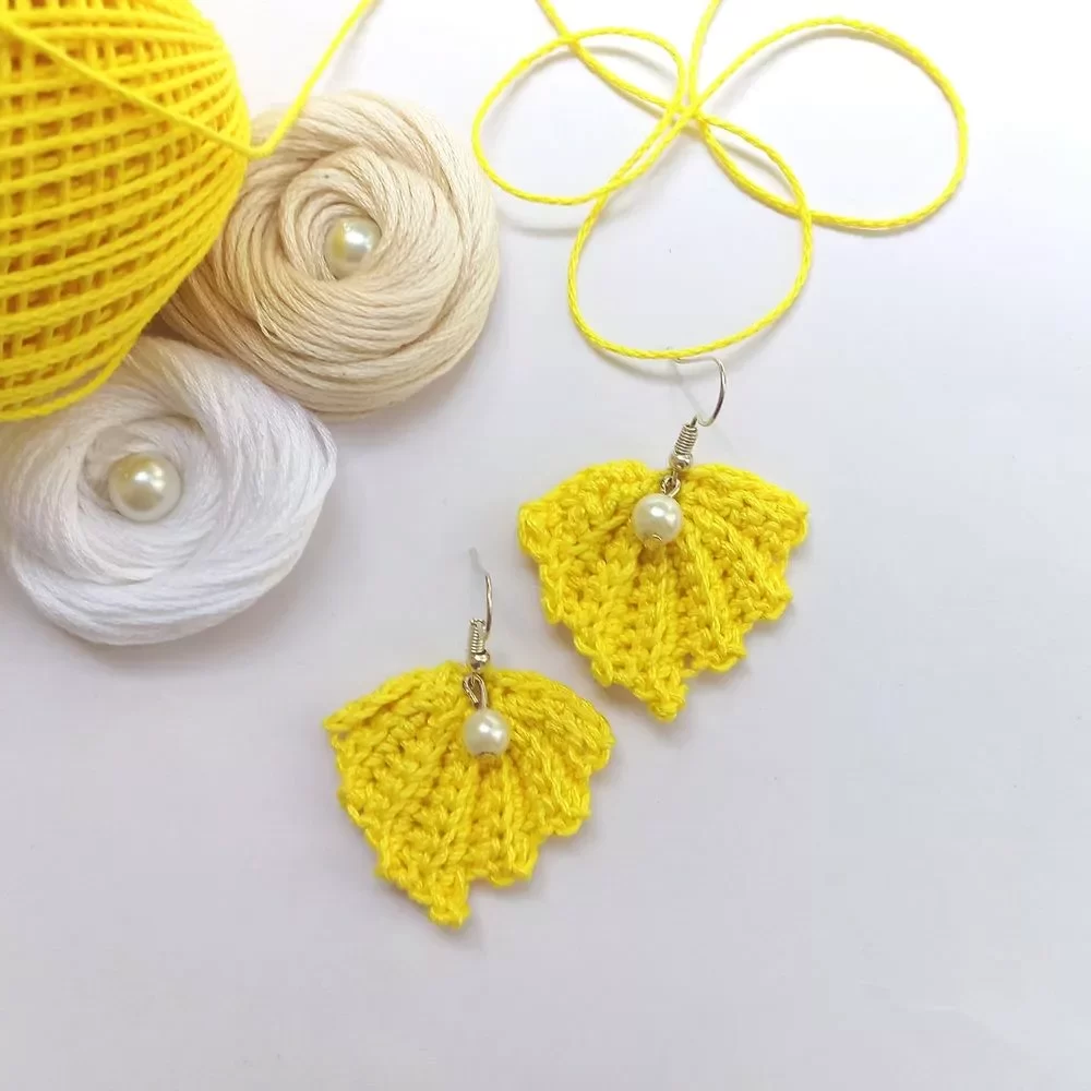 Yellow leaf handmade crochet earrings